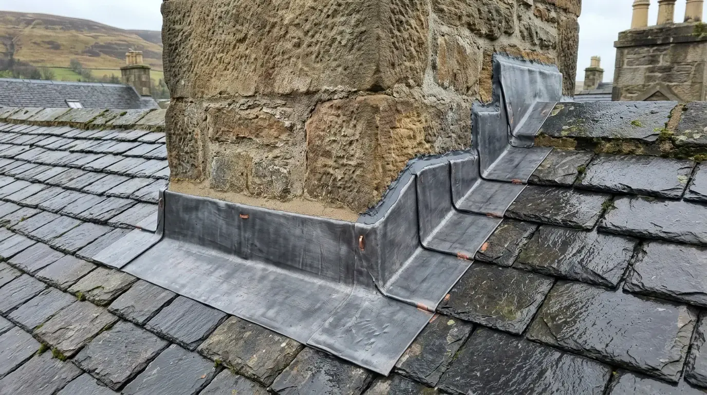 Illustrative lead flashing at a chimney roof junction